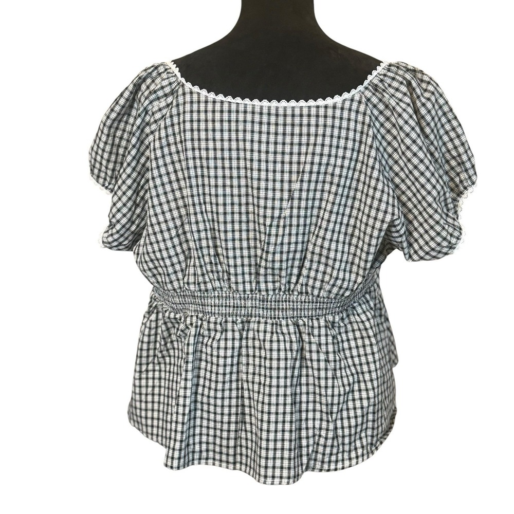 Women's Black White Gingham Check Cropped Top 2XL Milkmaid Peasant Puff Sleeve - Picture 4 of 11
